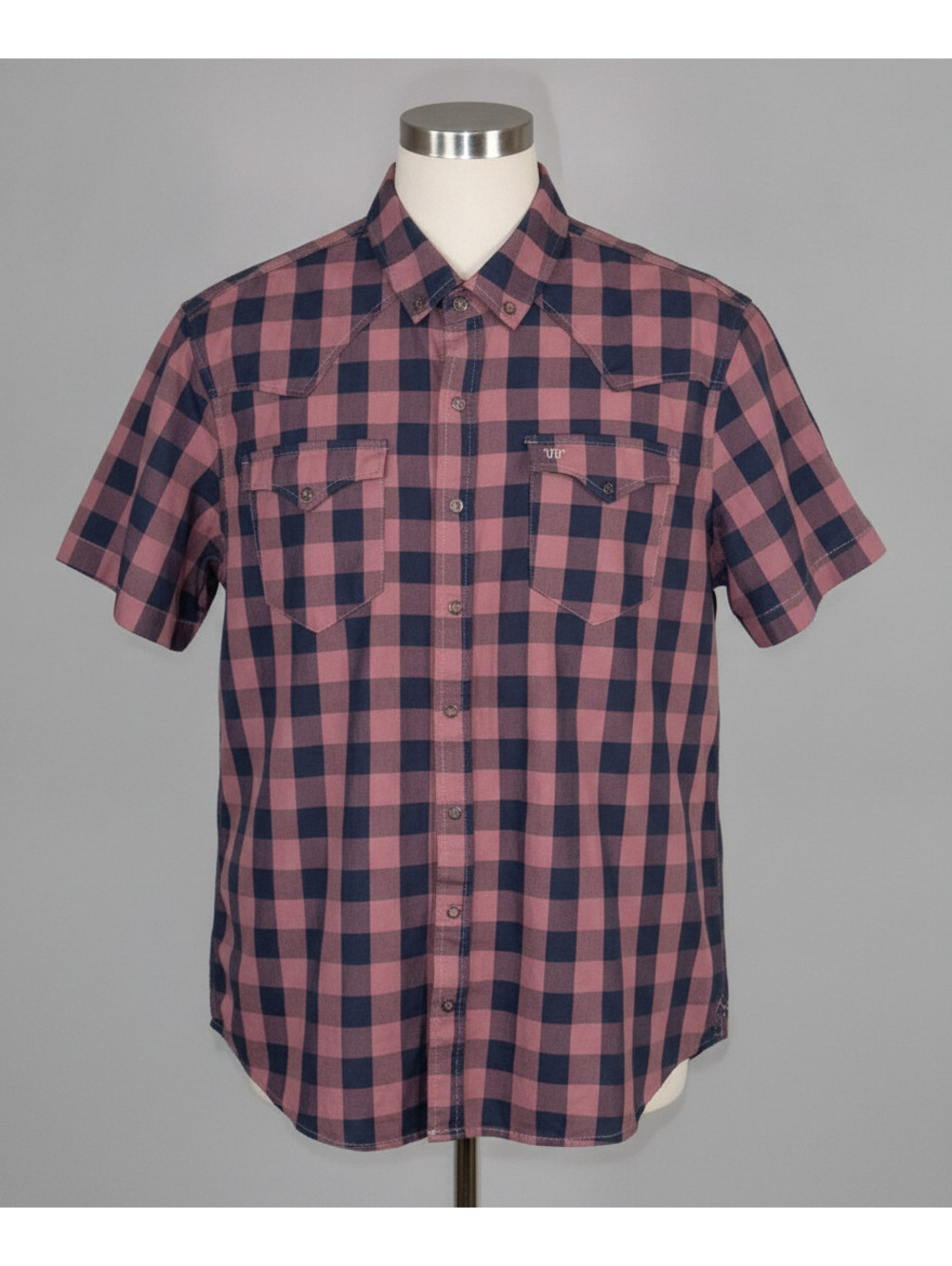 Men's Sz L King Ranch Short Sleeve Plaid Western Snap Shirt Mauve and Navy